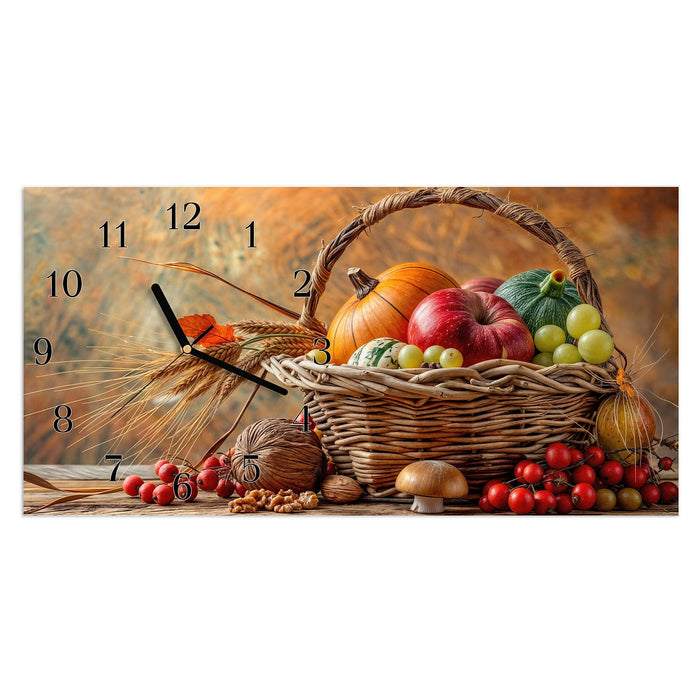 Wanduhr Herbstlicher Korb aus Glas – Querformat 60 × 30 cm mit Ziffernblatt Klassisch