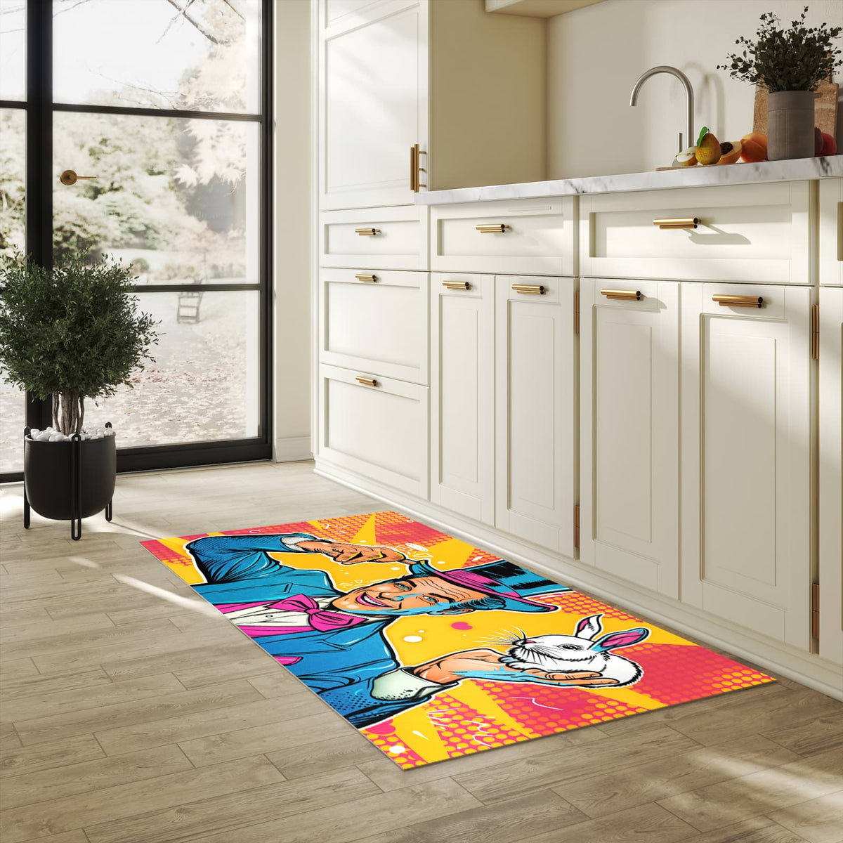 Waschbarer Teppich fürs Esszimmer mit Motiv Zauberer Mit Hase in heller Küche