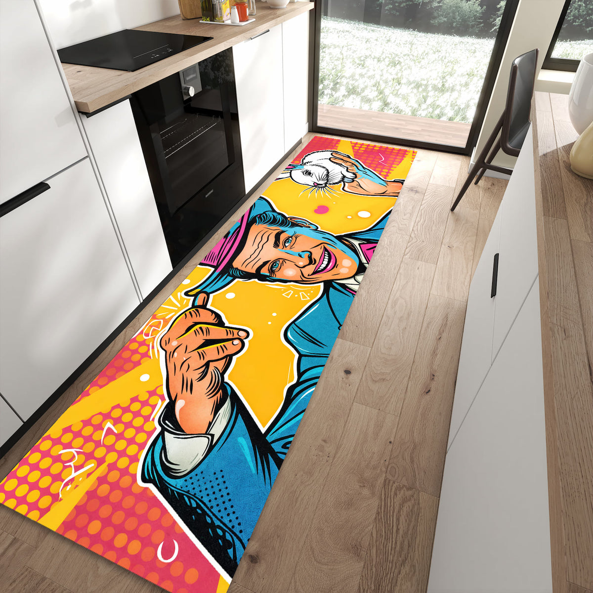 Fleckenresistenter Küchenteppich mit Motiv Zauberer Mit Hase in moderner Küche