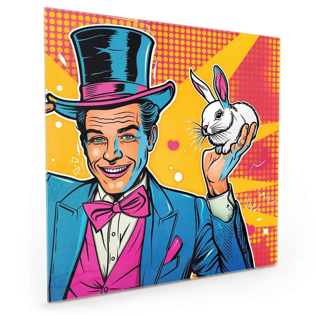 Küchenrückwand aus Glas im quadratischen Format mit Motiv Zauberer mit Hase: Pop-Art-Zauberer mit Zylinder und Fliege, der ein weißes Kaninchen hochhält #grösse_40 x 40 cm #grösse_50 x 50 cm #grösse_60 x 60 cm