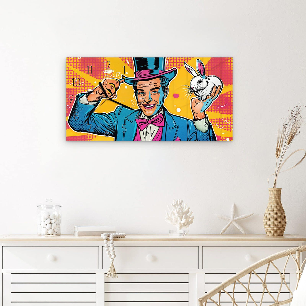Wanduhr Zauberer Mit Hase aus Glas – Querformat 60 × 30 cm – Pop-Art-Zauberer mit Kaninchen