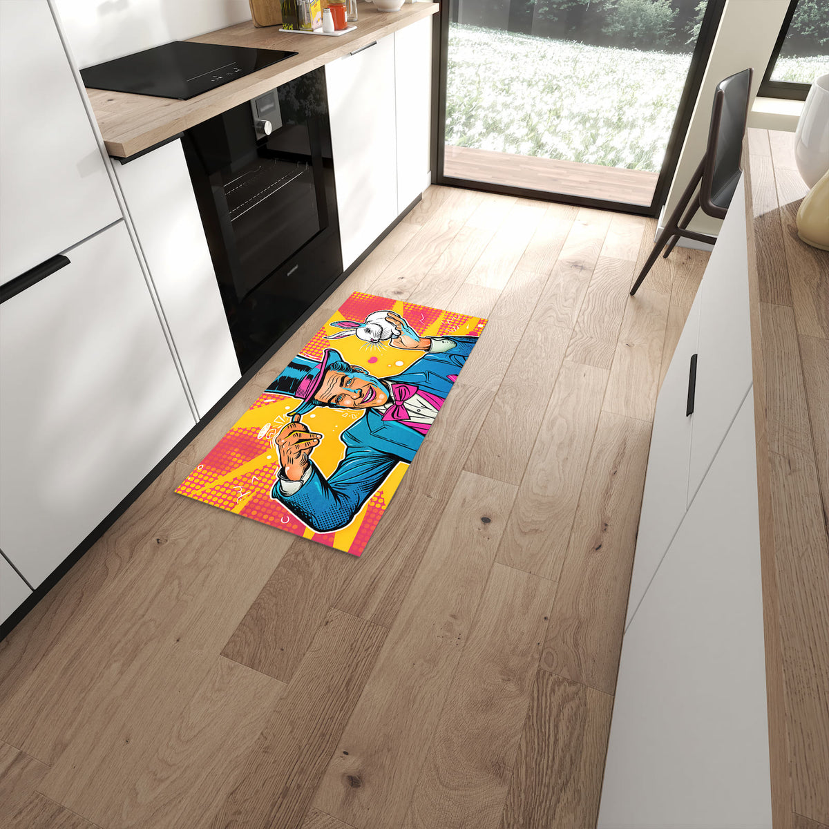 Bodenschonender rutschfester Küchenläufer mit Motiv Zauberer Mit Hase in moderner Küche #grösse_60 x 120 cm