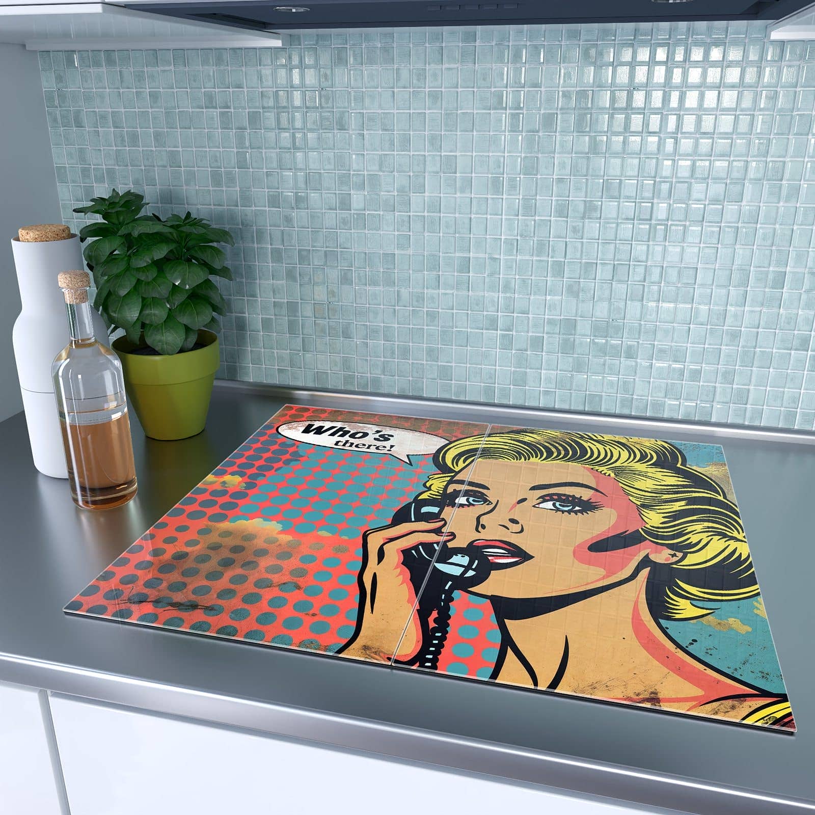 2-teilige Herdabdeckplatte aus Glas mit Telefonierende Frau-Motiv auf dem Ceranfeld