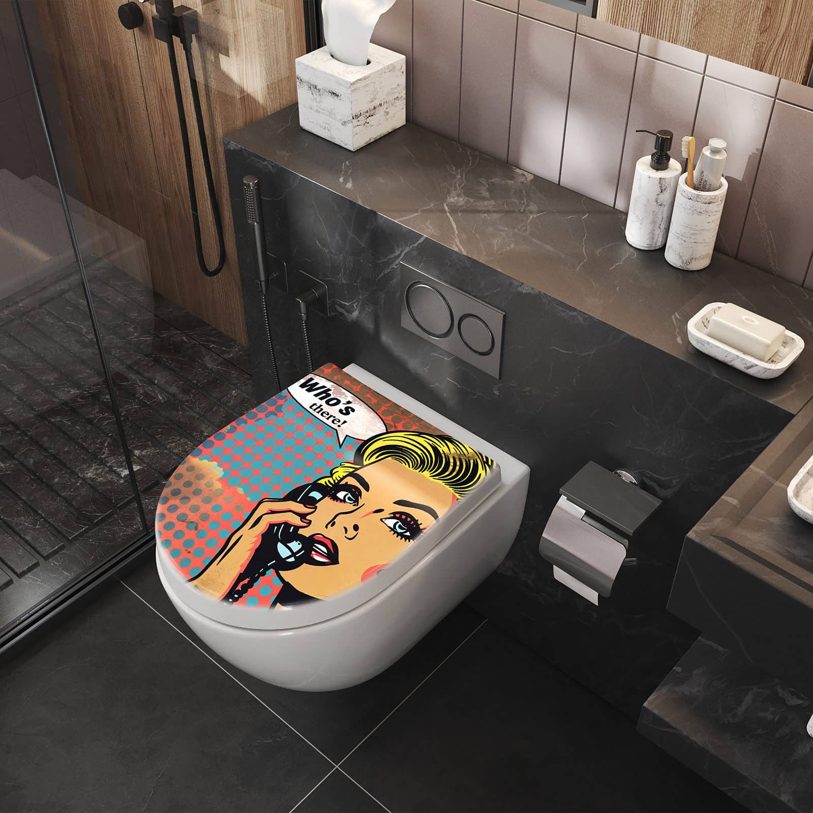 WC-Sitz mit Absenkautomatik Telefonierende Frau