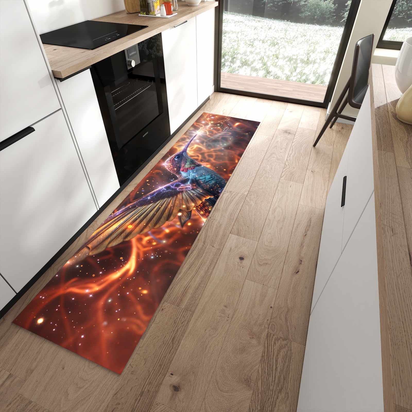 Geräuschdämpfender dünner Teppich mit Motiv Schimmernder Kolibri in moderner Küche