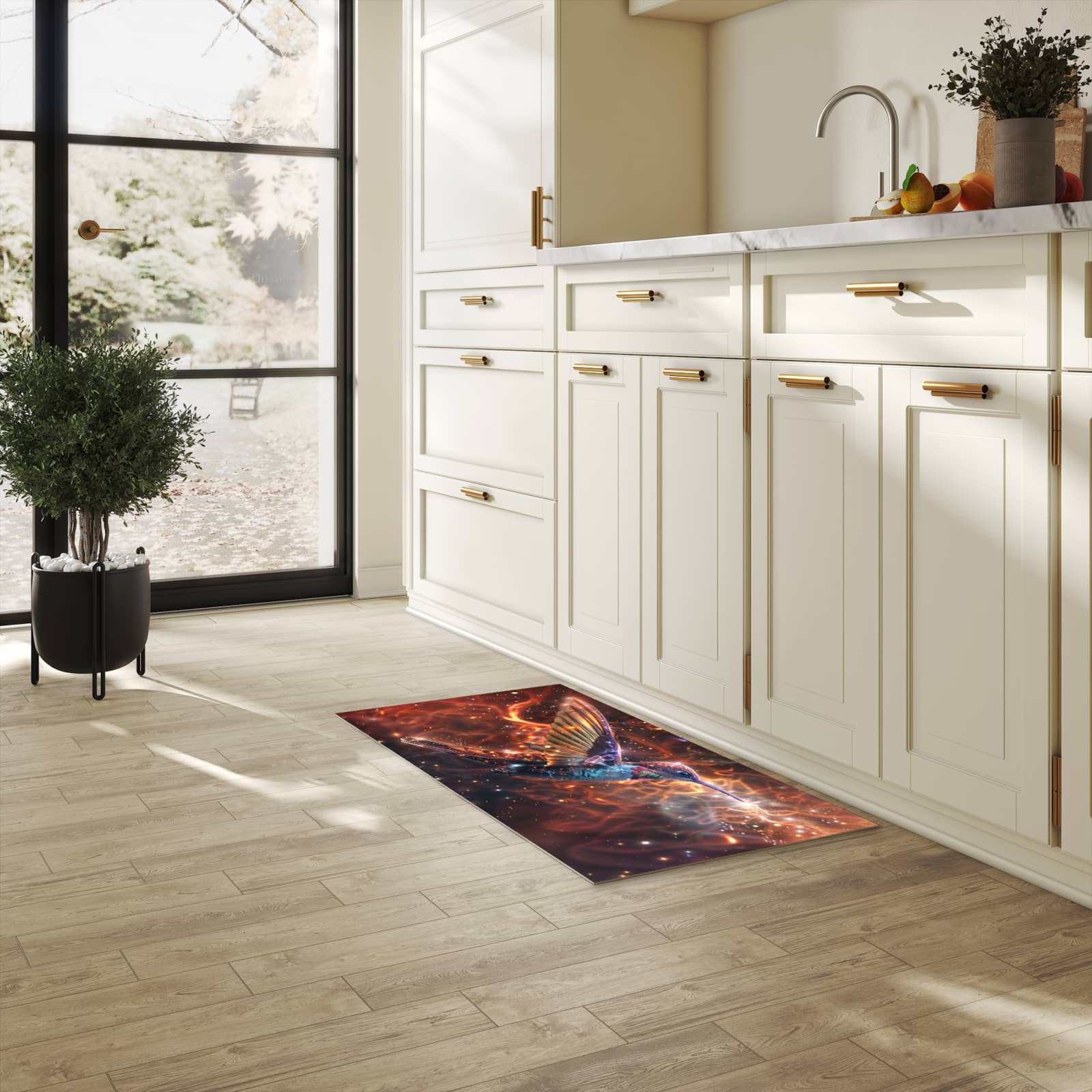 Wasserabweisender Küchenläufer mit Motiv Schimmernder Kolibri in heller Küche