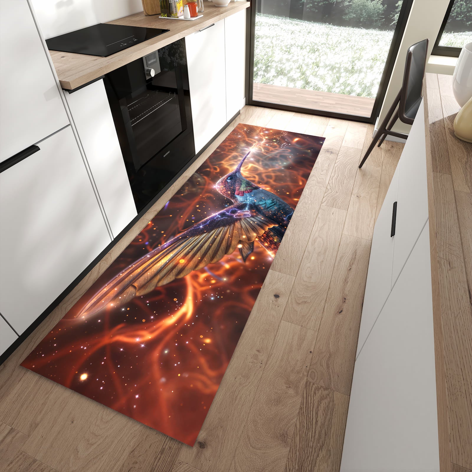 Fleckenresistenter rutschfester Küchenteppich mit Motiv Schimmernder Kolibri in moderner Küche