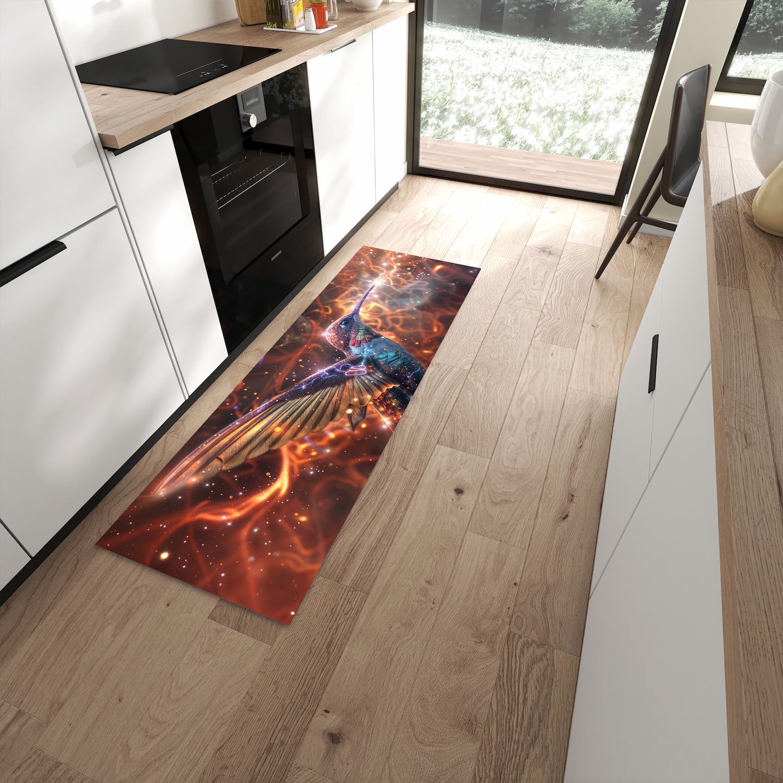 Zeitsparender rutschfester Läufer mit Motiv Schimmernder Kolibri in moderner Küche