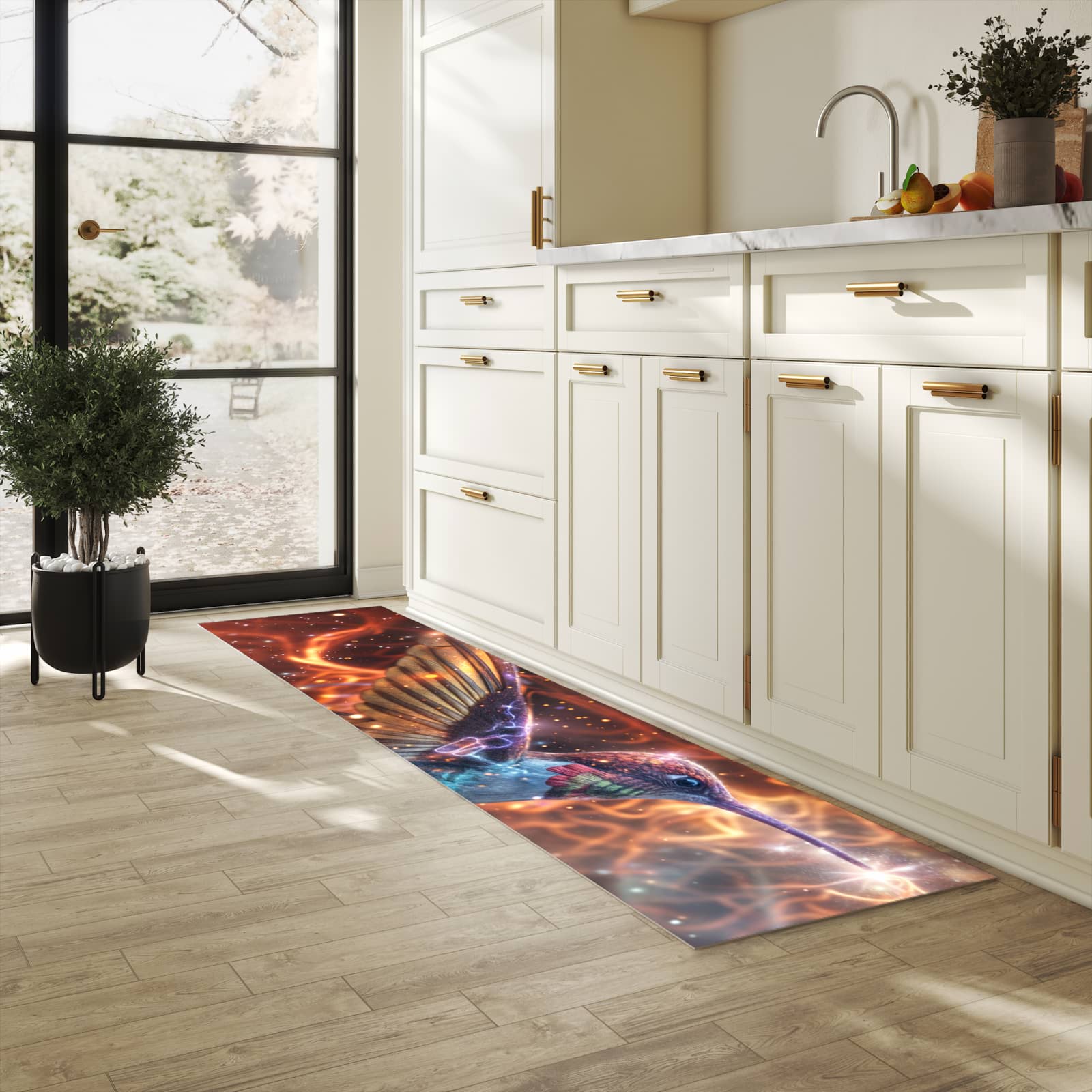 Langlebiger waschbarer Küchenläufer mit Motiv Schimmernder Kolibri in heller Küche