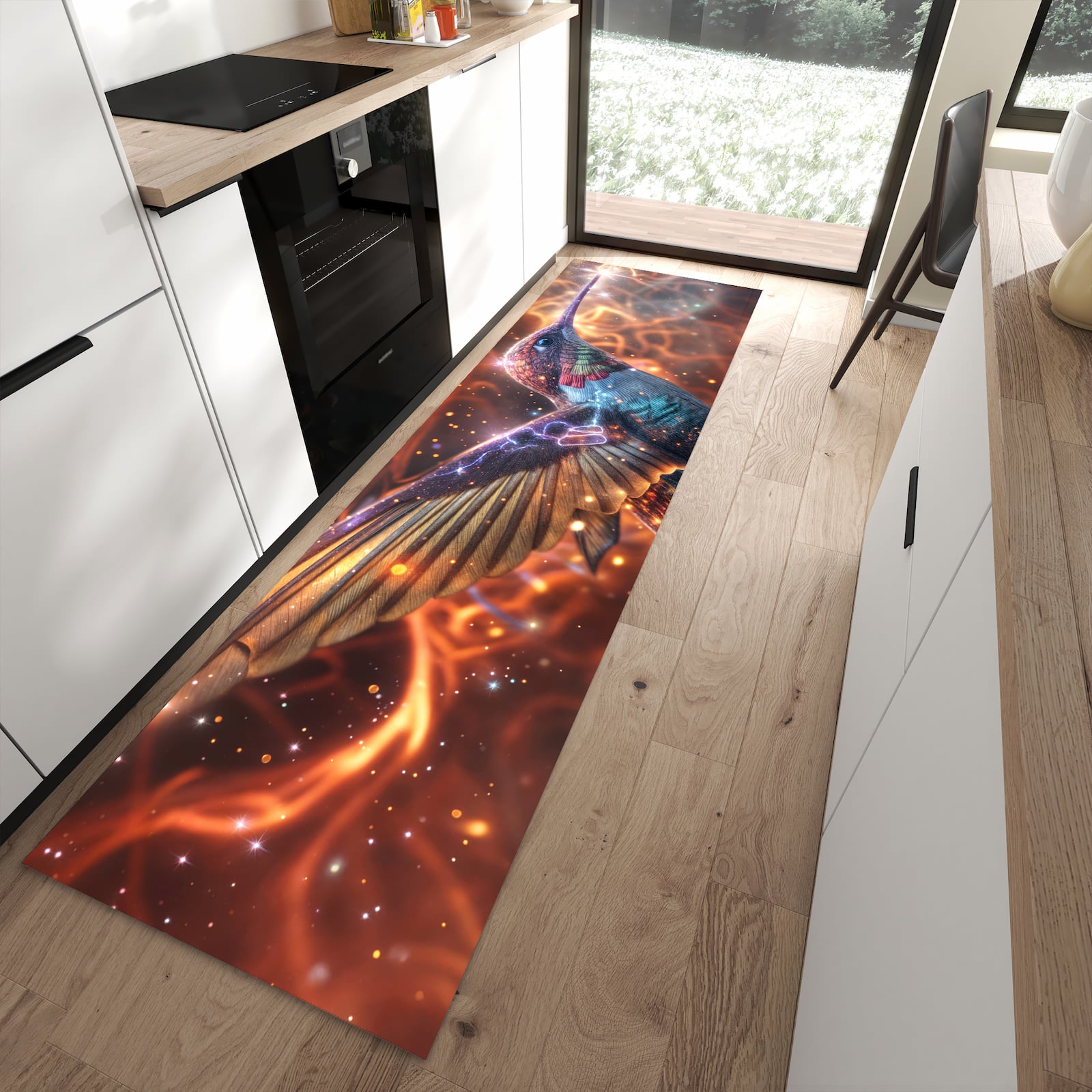 Schmutzabweisender Bodenläufer mit Motiv Schimmernder Kolibri in moderner Küche