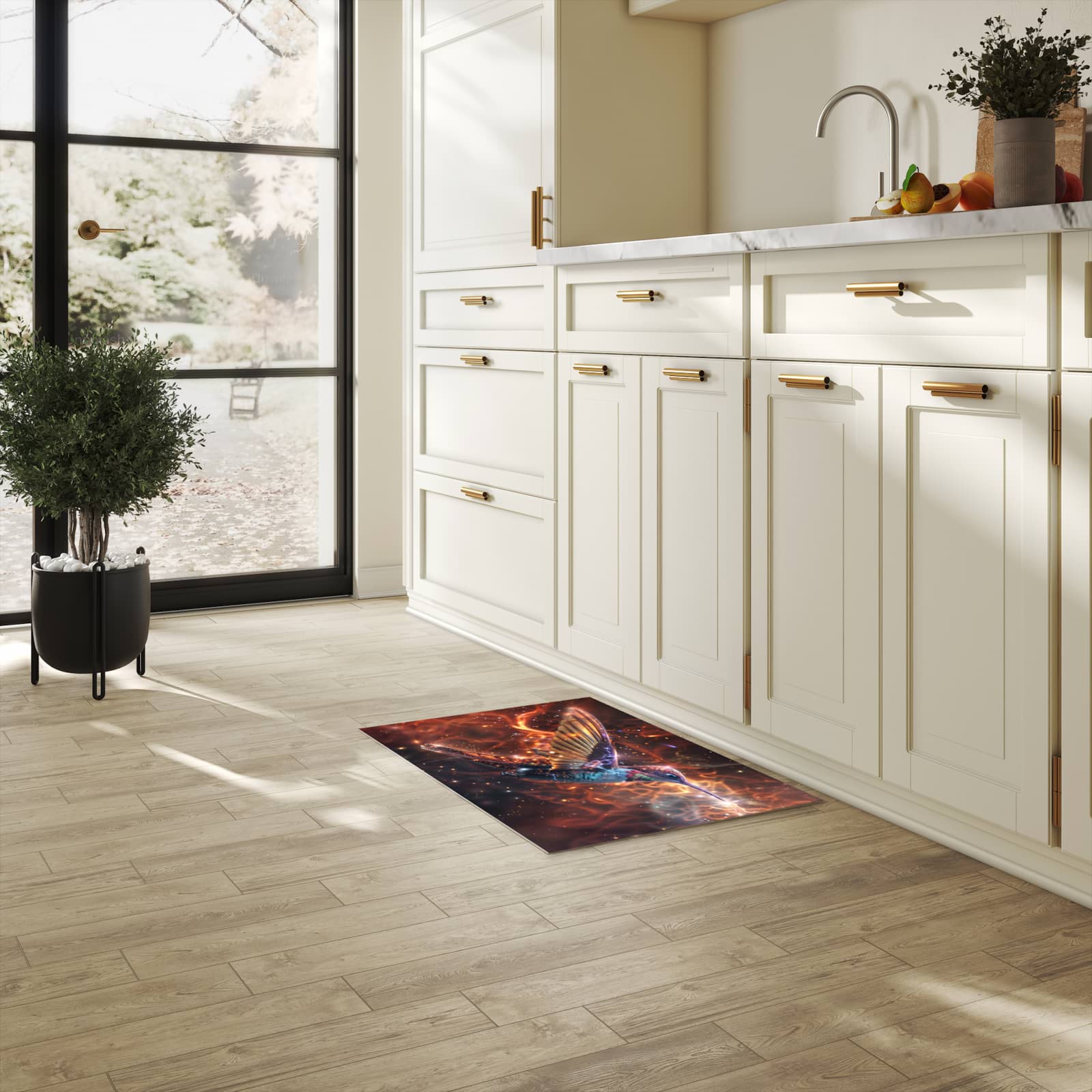 Pflegeleichter moderner Küchenläufer mit Motiv Schimmernder Kolibri in heller Küche