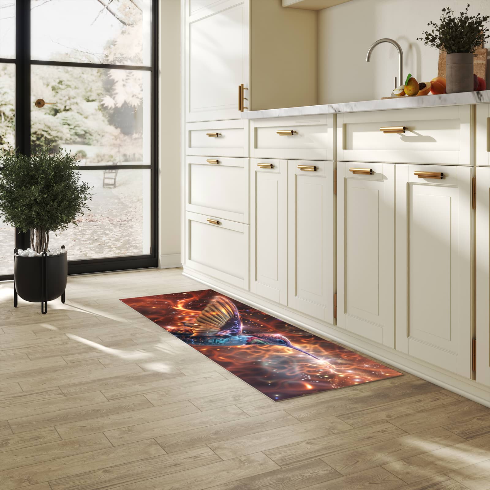 Schmutzabweisender rutschfester Küchenläufer mit Motiv Schimmernder Kolibri in heller Küche