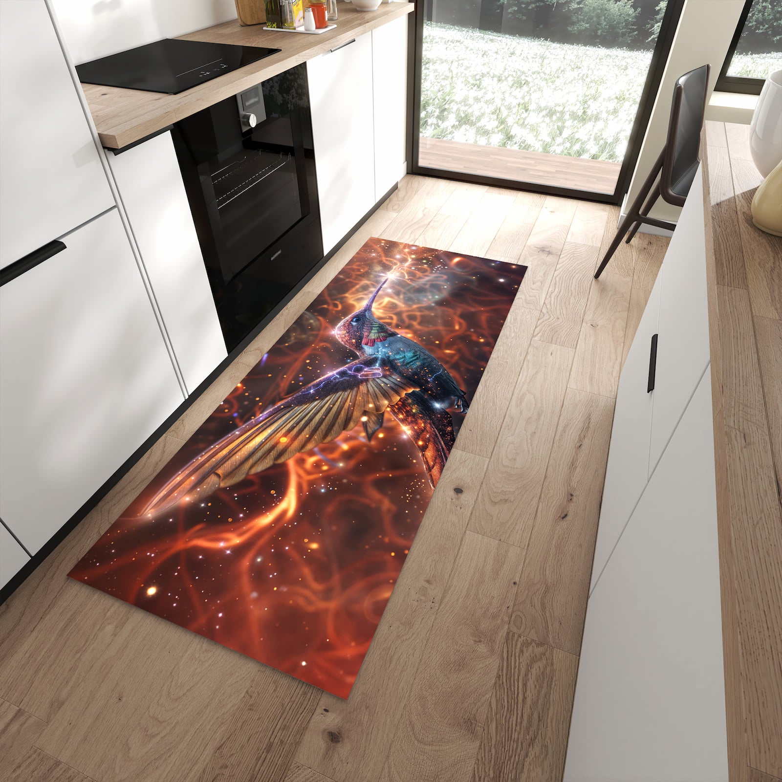 Wasserabweisender Teppich für Esstisch mit Motiv Schimmernder Kolibri in moderner Küche