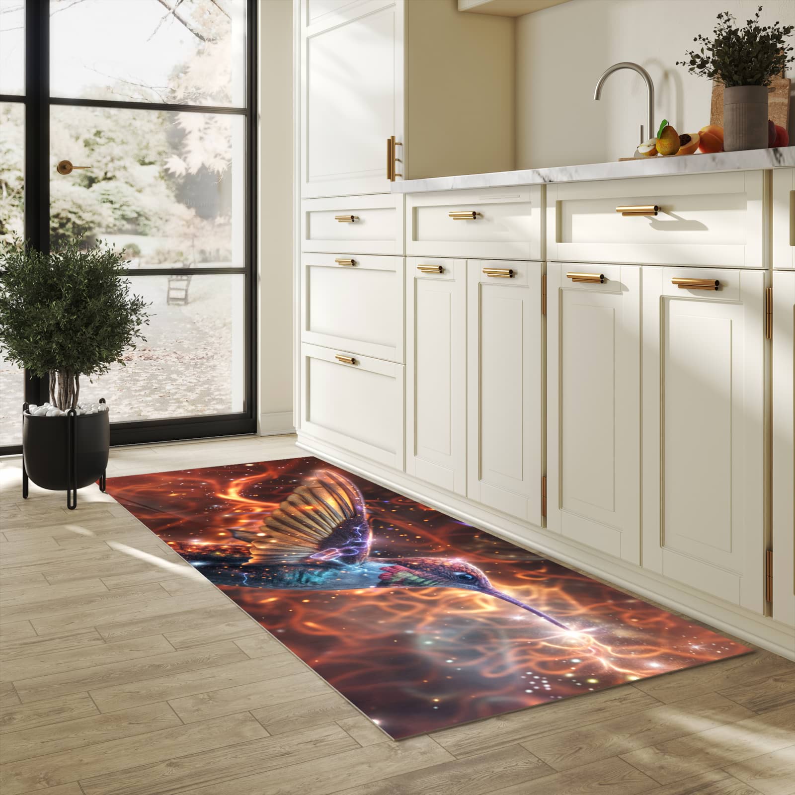 Strapazierfähiger Küchenteppich mit Motiv Schimmernder Kolibri in heller Küche