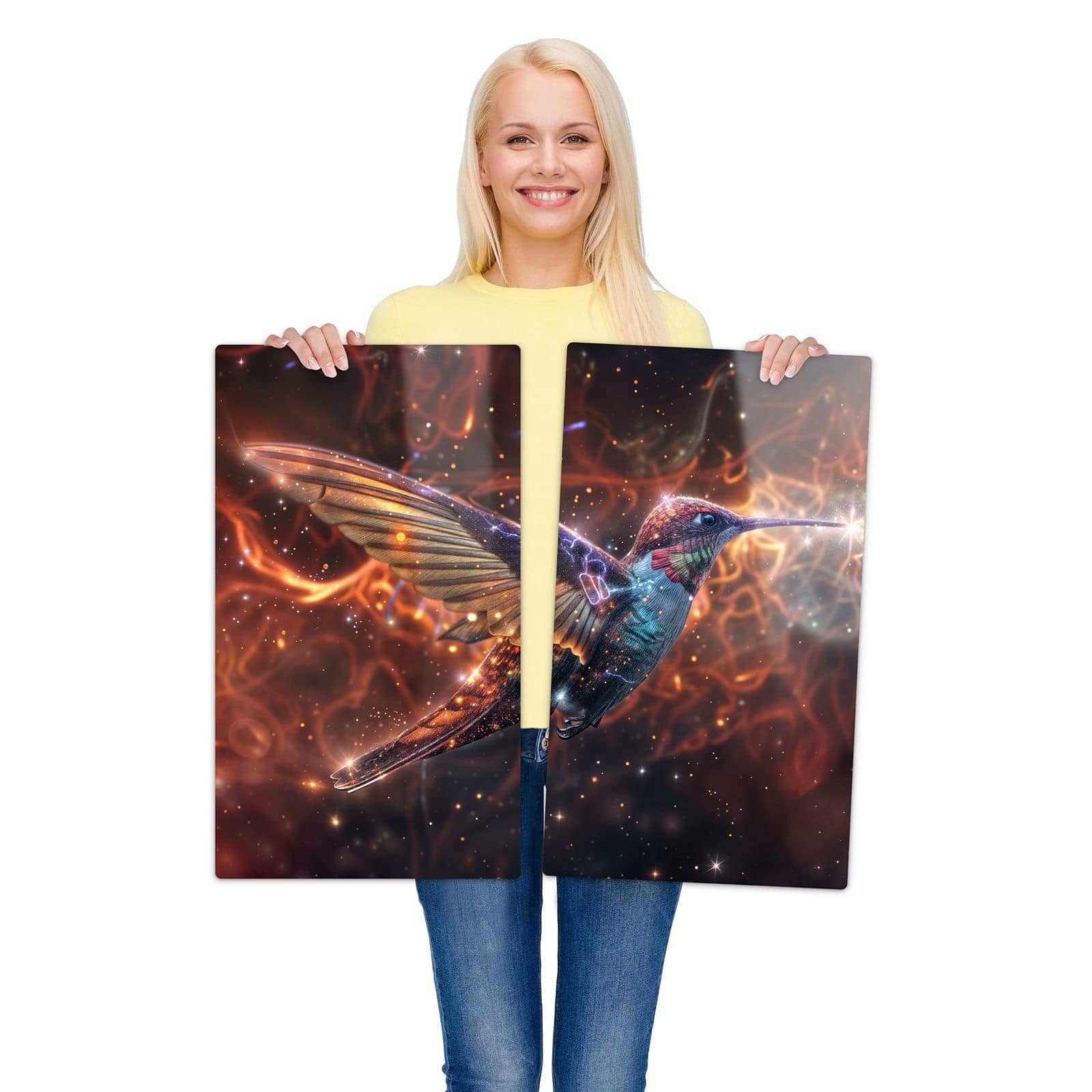 2-teilige Kochfeldabdeckung mit Schimmernder Kolibri-Motiv wird zur Größendarstellung gehalten