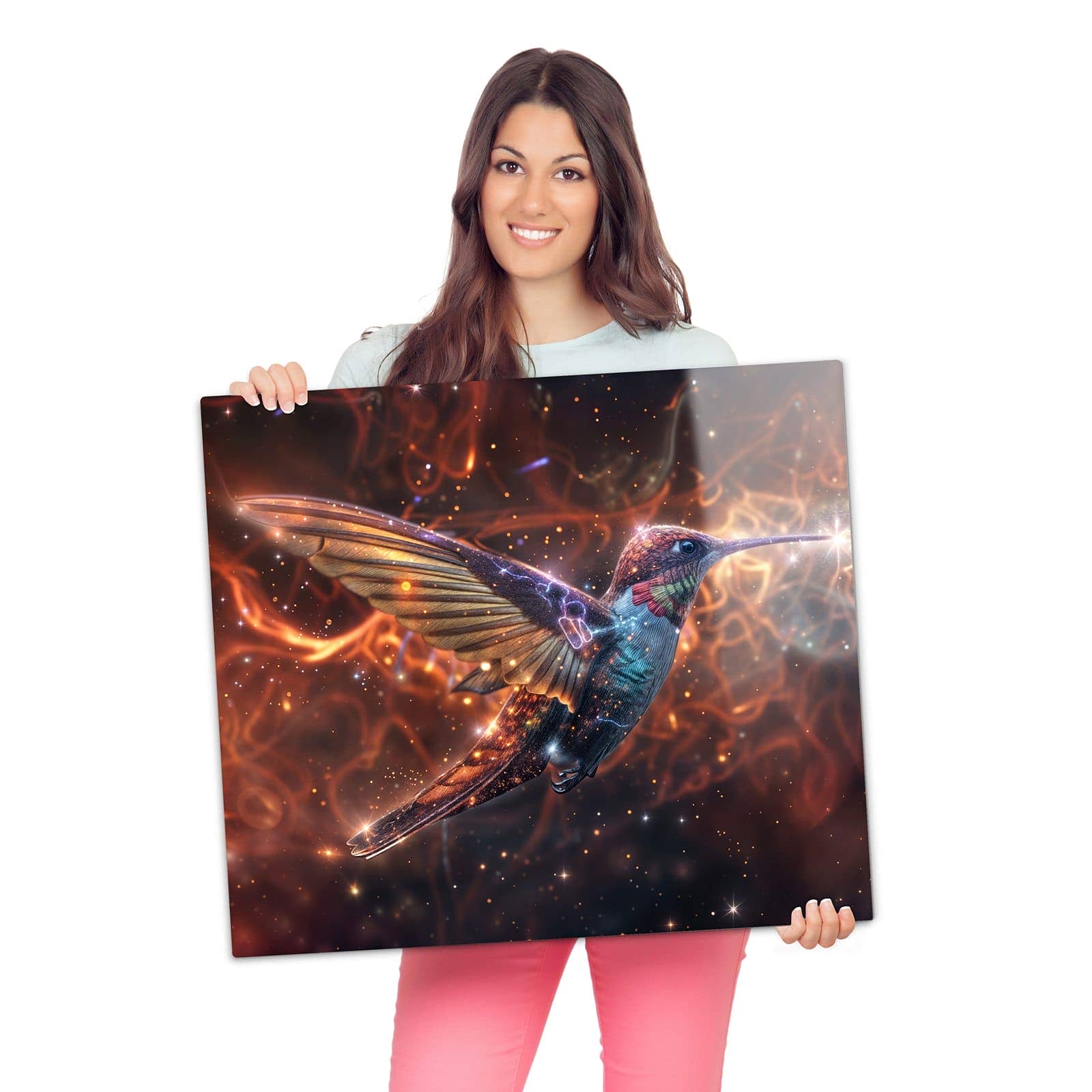 Herdabdeckplatte Induktion mit Schimmernder Kolibri-Motiv wird zur Größendarstellung gehalten