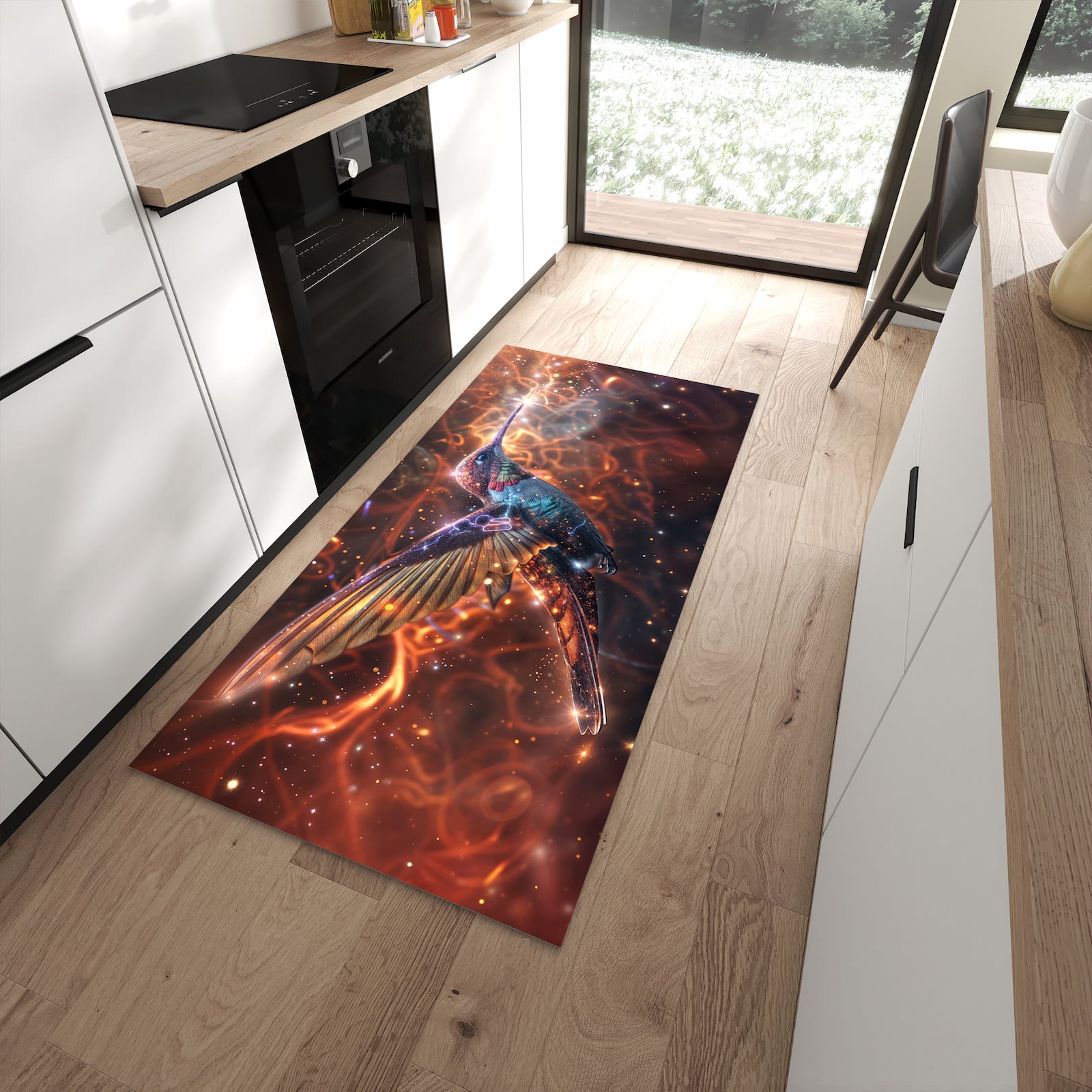 Langlebiger Küchenteppich mit Motiv Schimmernder Kolibri in moderner Küche