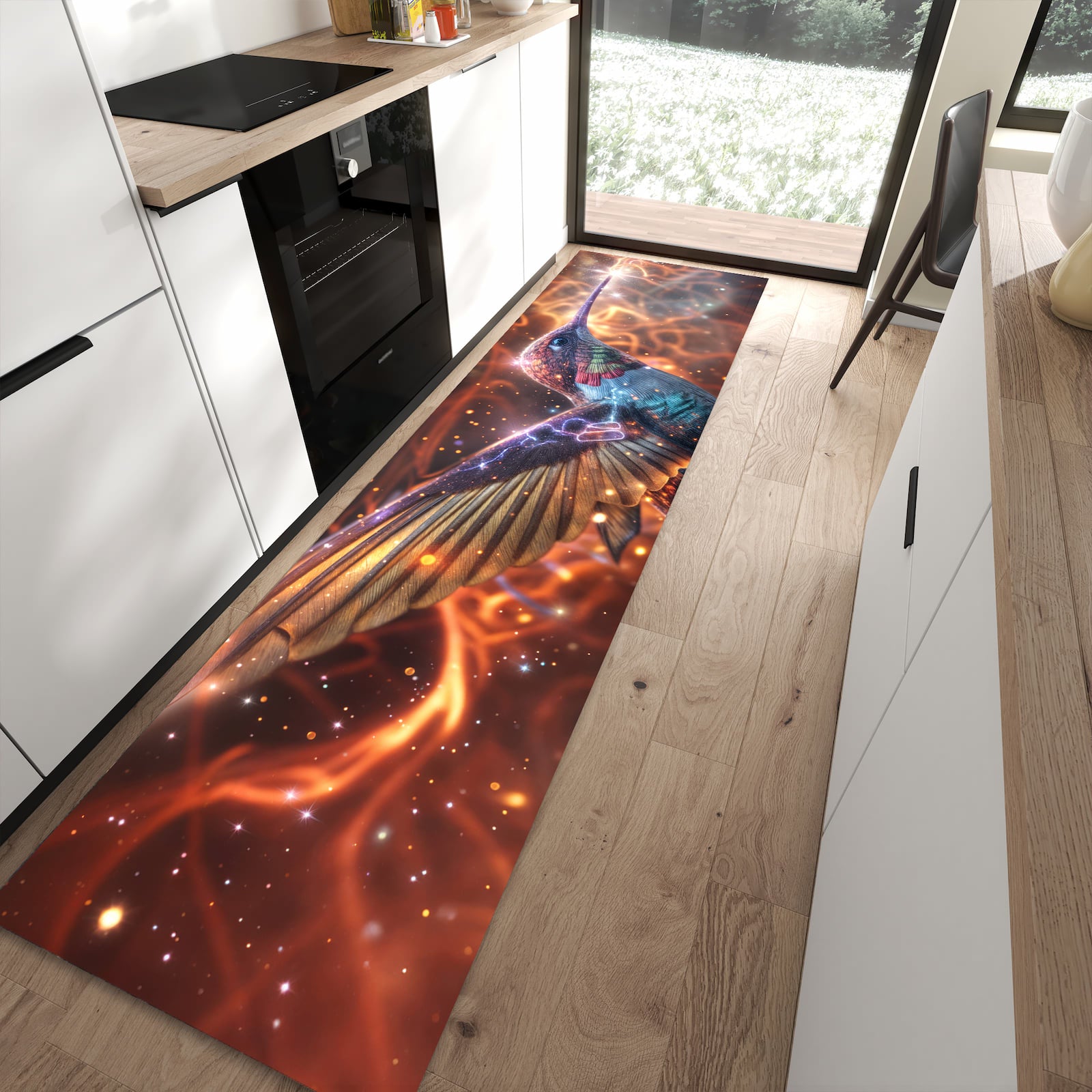 Geruchsneutraler Bodenläufer Teppich mit Motiv Schimmernder Kolibri in moderner Küche