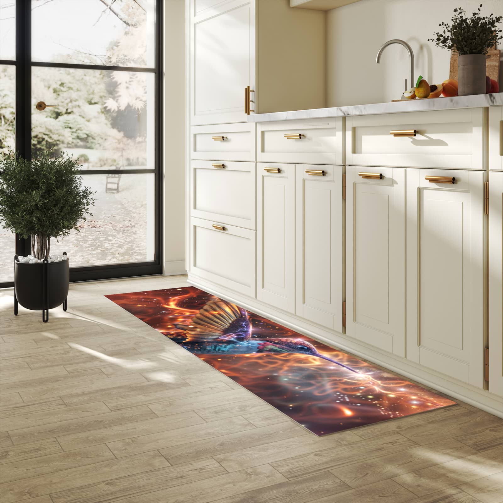 Geruchsneutraler rutschfester Küchenläufer mit Motiv Schimmernder Kolibri in heller Küche