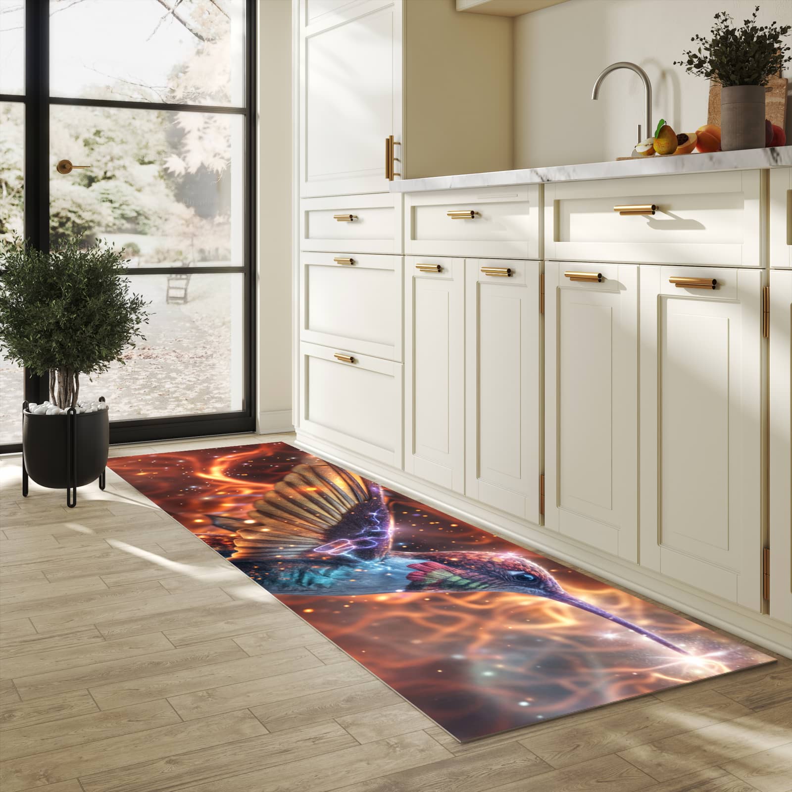 Pflegeleichter moderner Küchenläufer mit Motiv Schimmernder Kolibri in heller Küche