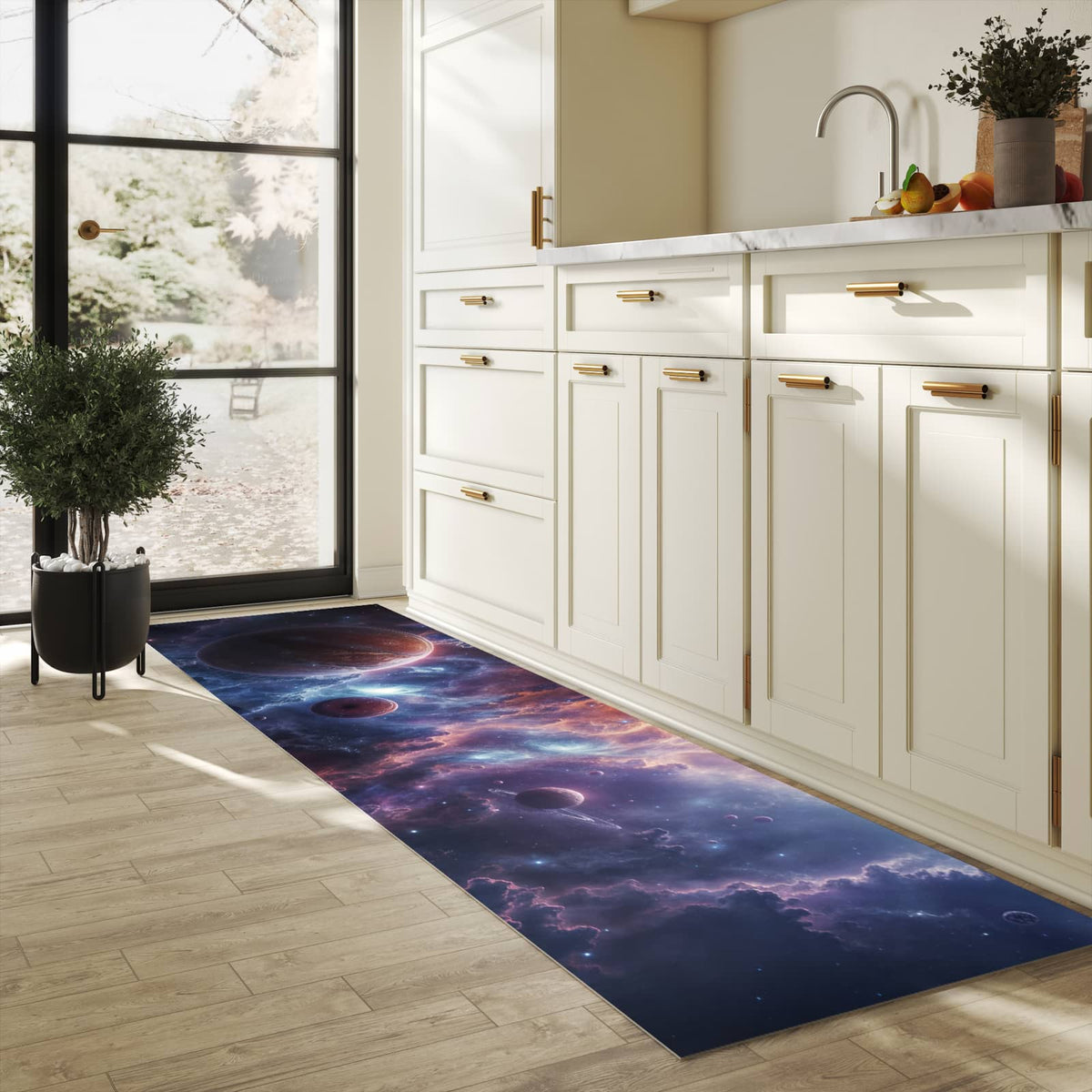 Abriebfester Küchenteppich mit Motiv Galaktische Welten in heller Küche