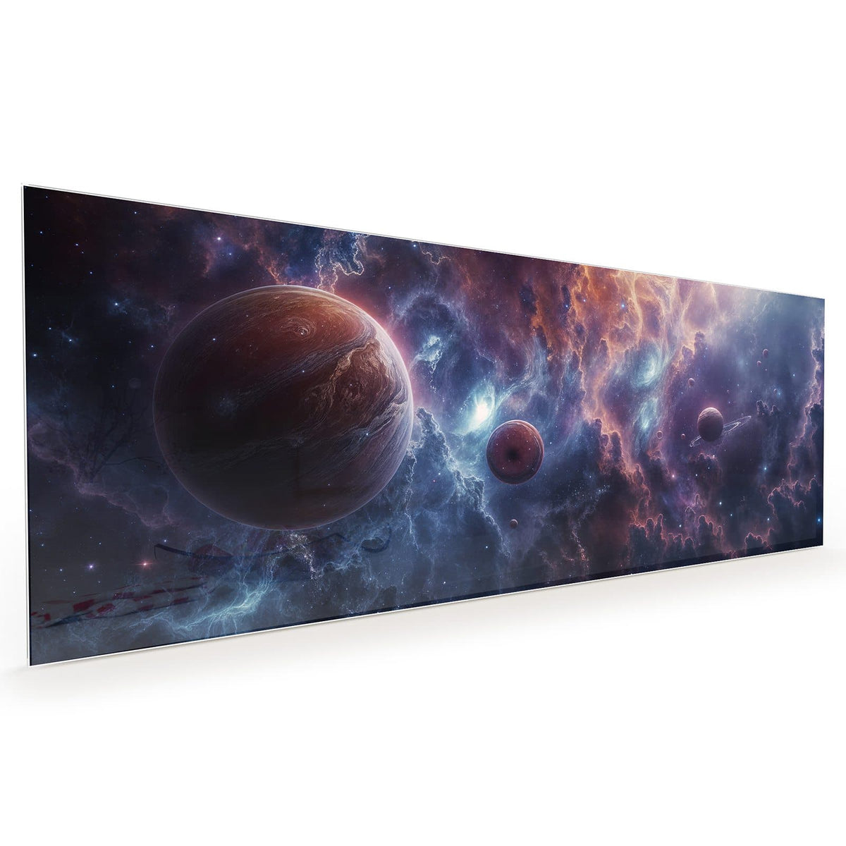 Küchenrückwand aus Glas im Hochformat: Zwei rotbraune Planeten und ein Mond vor blauviolettem Sternennebel