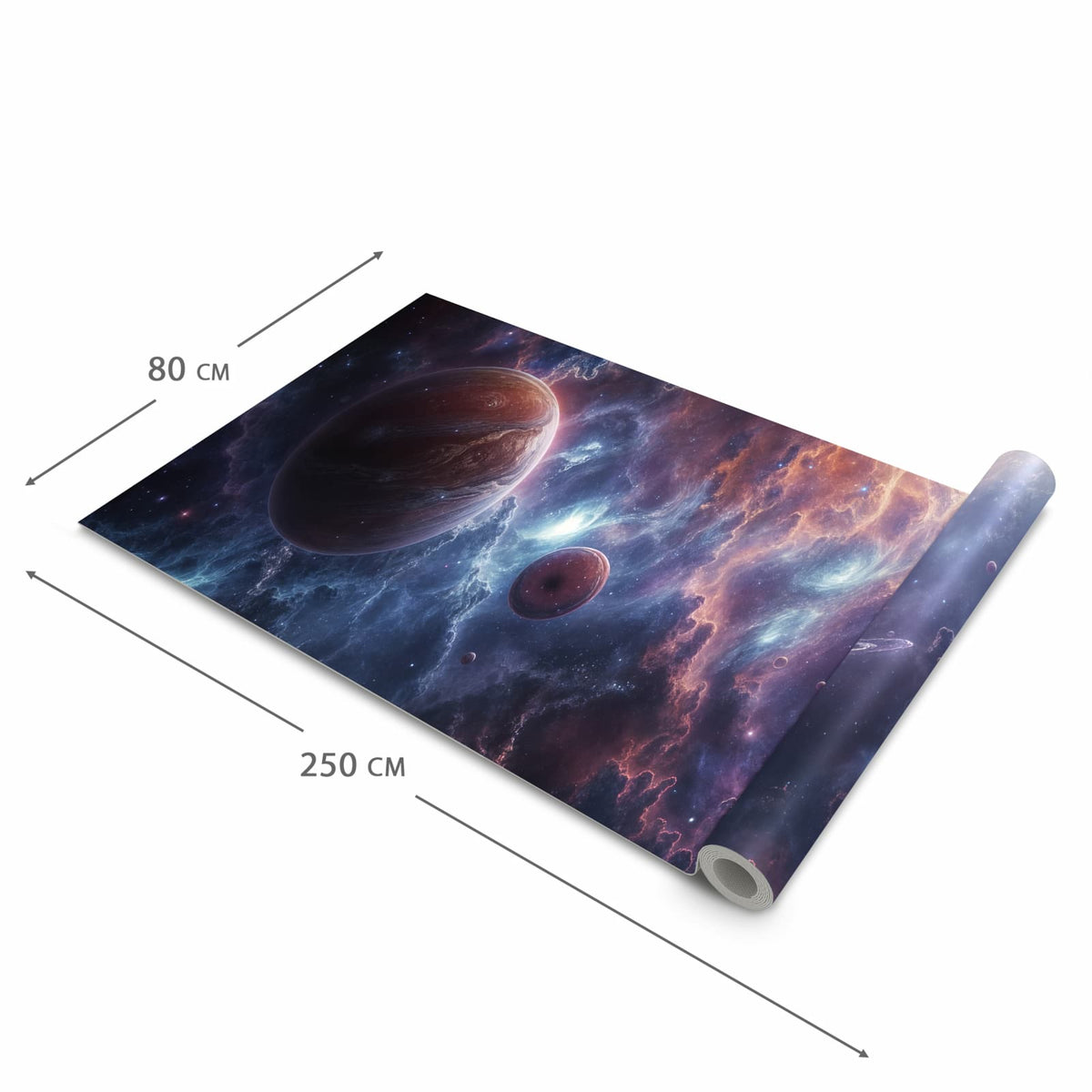 Flacher Küchenläufer mit Motiv Galaktische Welten in der Grösse 80x250 cm für lange Flure