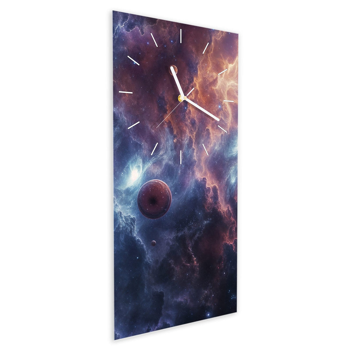 Wanduhr aus Glas im Hochformat Zwei Planeten im Nebel schräg von der Seite, 4 mm starkes Glas