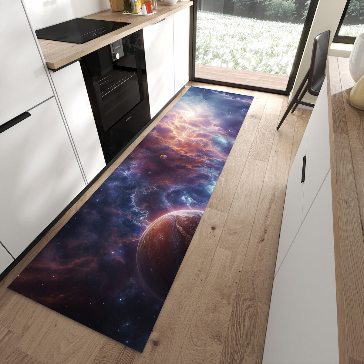 Bodenschonender Küchenteppich mit Motiv Galaktische Welten in moderner Küche