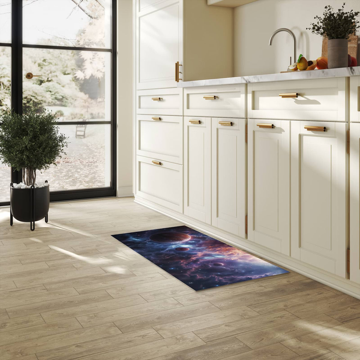 Rutschfester Bodenläufer-Teppich mit Motiv Galaktische Welten in heller Küche