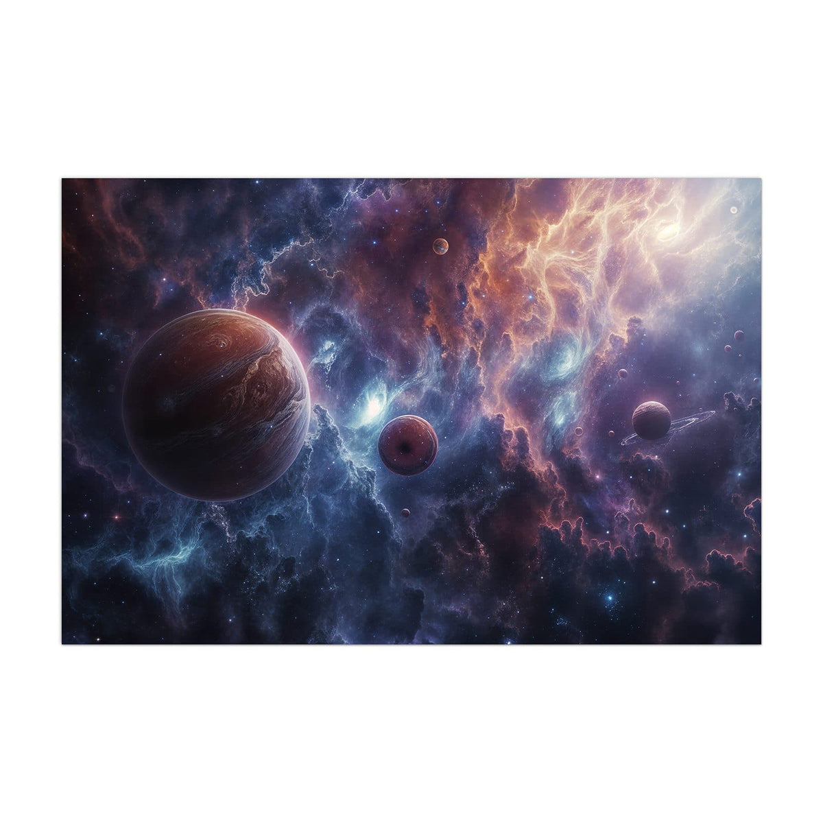 Küchenrückwand aus Glas Zwei Planeten im Nebel im Hochformat, Motiv bildfüllend von vorn