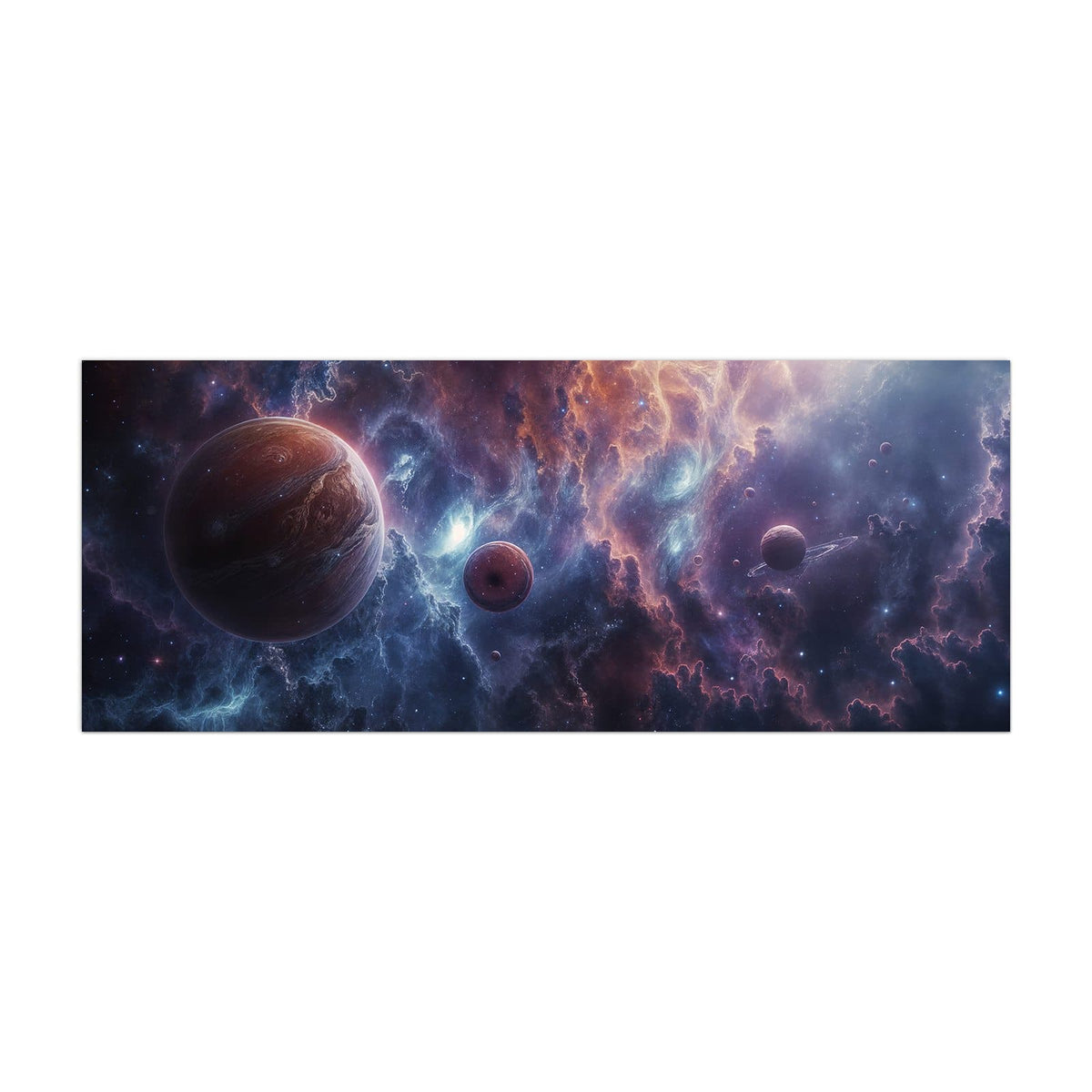 Küchenrückwand aus Glas Zwei Planeten im Nebel im Hochformat, Motiv bildfüllend von vorn
