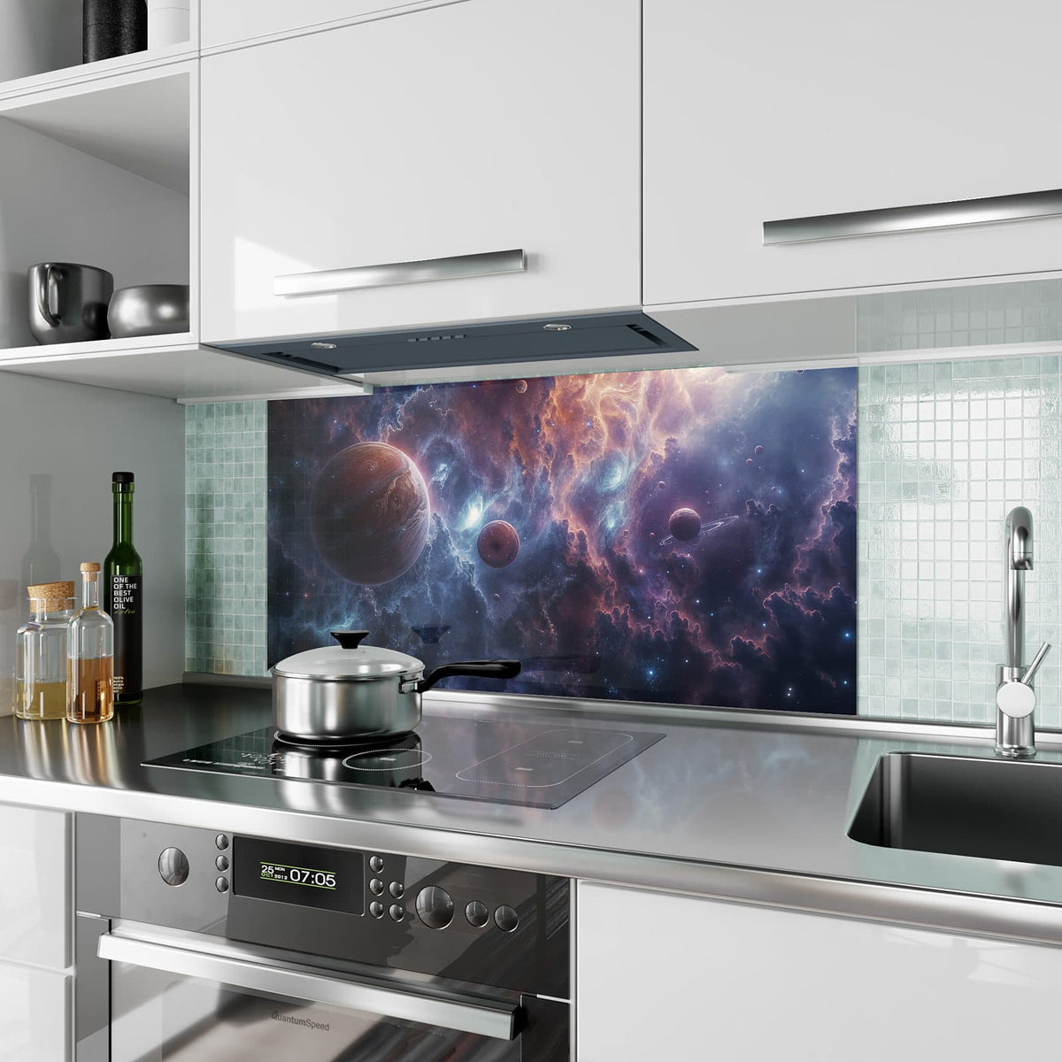 Küchenrückwand aus Glas Zwei Planeten im Nebel im Hochformat als Spritzschutz hinter dem Kochfeld, über dem Fliesenspiegel montiert