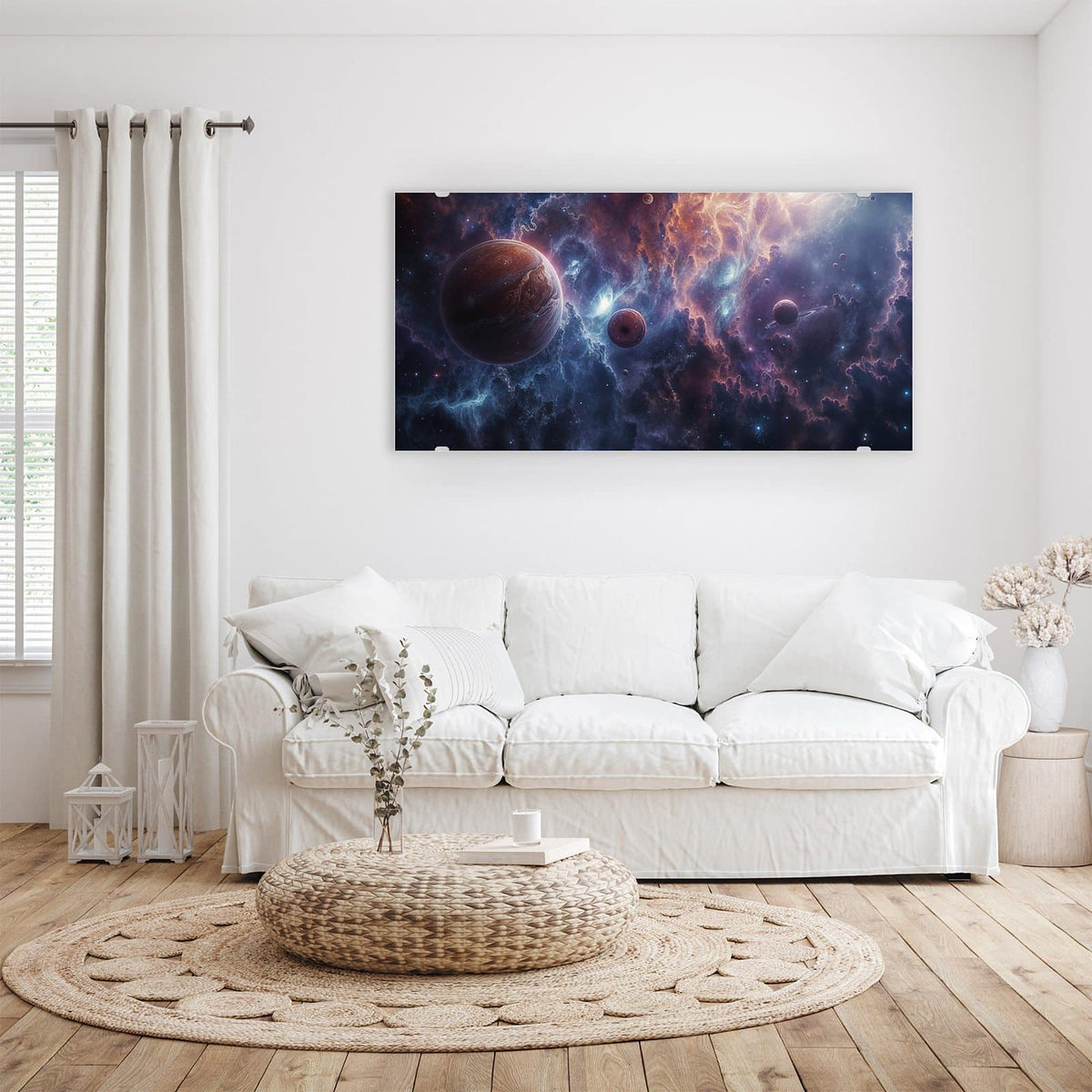 Wandbild - Zwei Planeten im Nebel - Querformat – Planeten vor farbenprächtigem Nebel