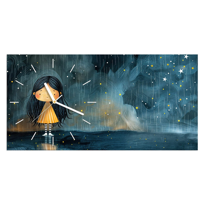Wanduhr Mädchen im Regen aus Glas – Querformat 60 × 30 cm mit Ziffernblatt Linie