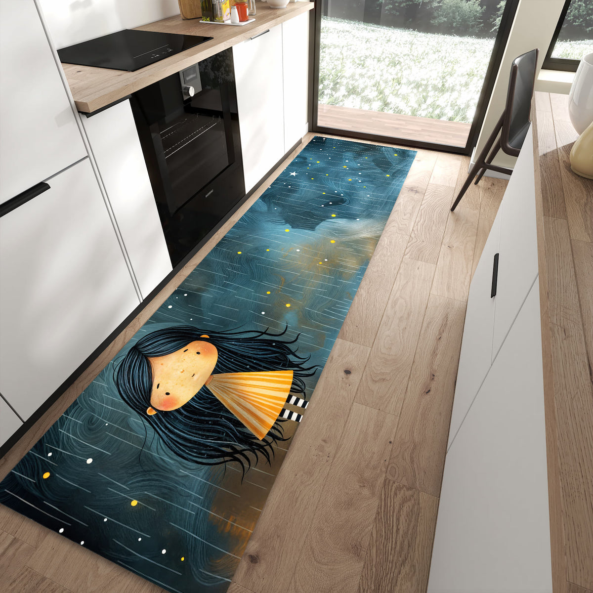 Flacher Küchenteppich mit Motiv Mädchen im Regen in moderner Küche