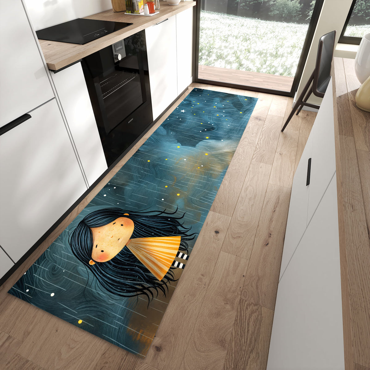 Langlebiger Küchenteppich mit Motiv Mädchen im Regen in moderner Küche