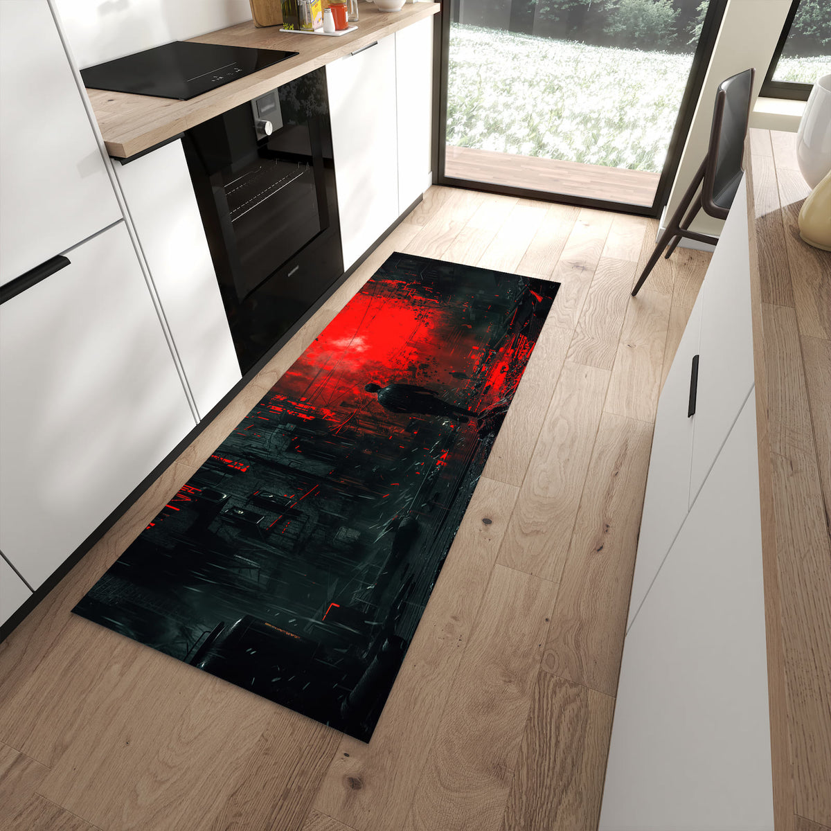 Bodenschonender Küchenläufer mit Motiv Verlassene Strasse in moderner Küche