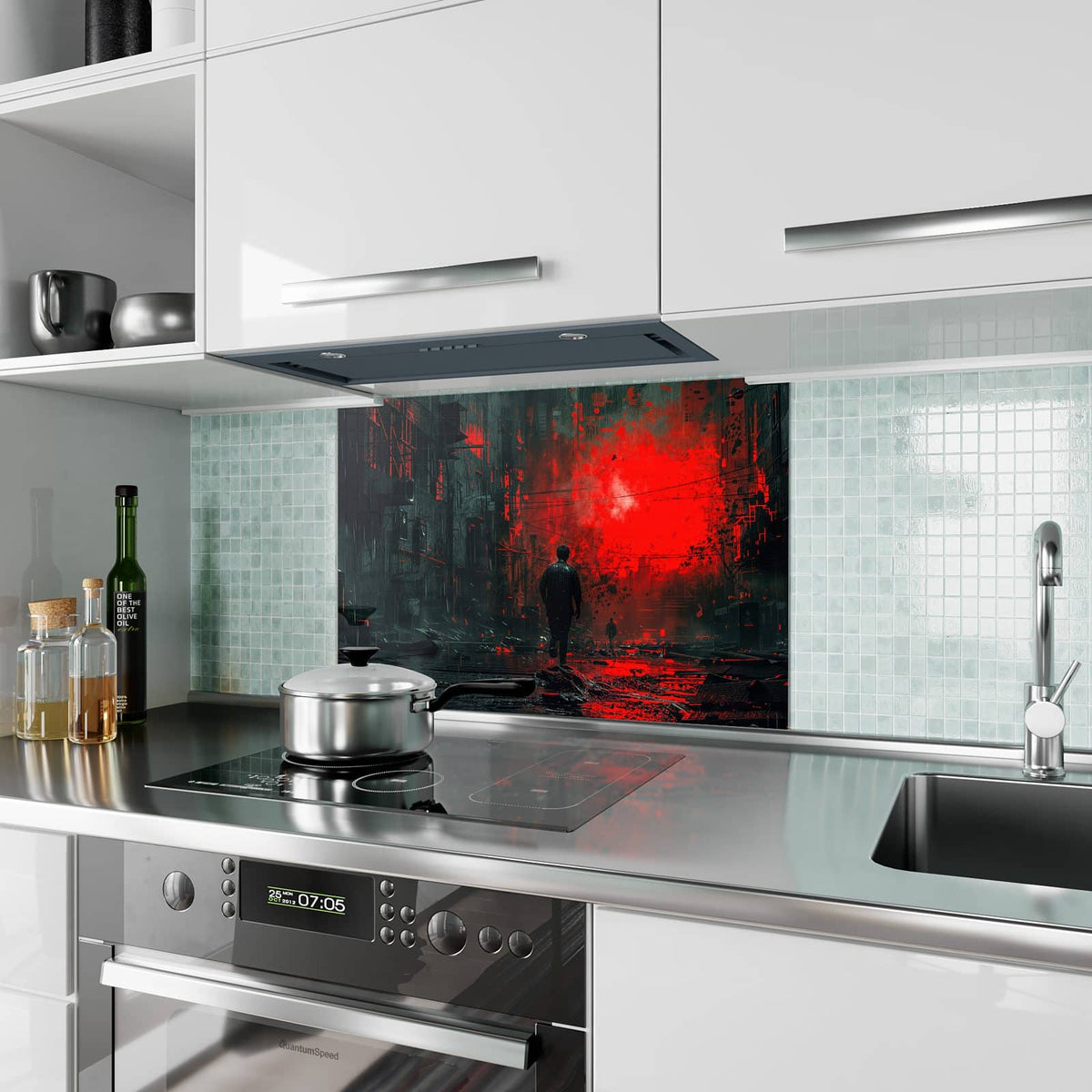 Küchenrückwand aus Glas Mann im roten Licht im Hochformat als Spritzschutz hinter dem Kochfeld, über dem Fliesenspiegel montiert