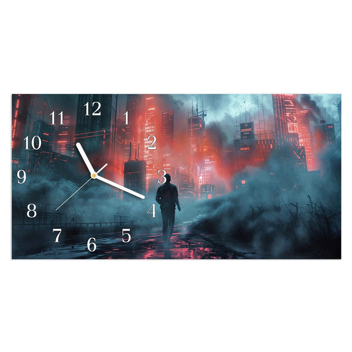 Wanduhr Neonstadt aus Glas – Querformat 60 × 30 cm mit Ziffernblatt Klassisch