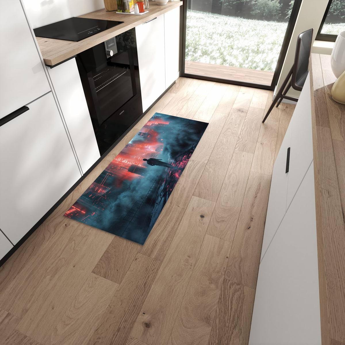 UV-beständiger dünner Teppich mit Motiv Neonstadt in moderner Küche #grösse_60 x 150 cm