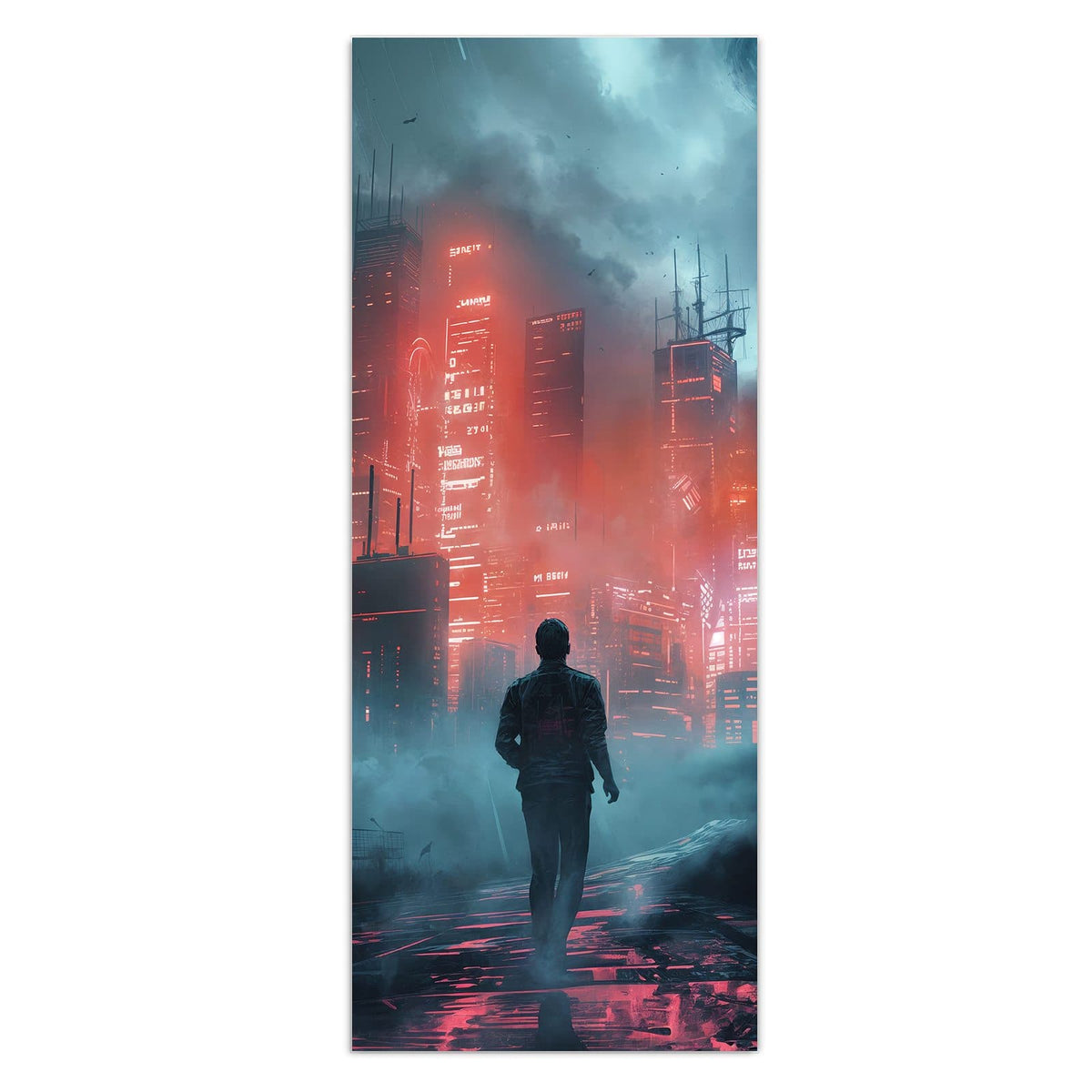 Wandbild - Stadt im roten Neonlicht - Hochformat – Wolkenkratzer im roten Neonlicht