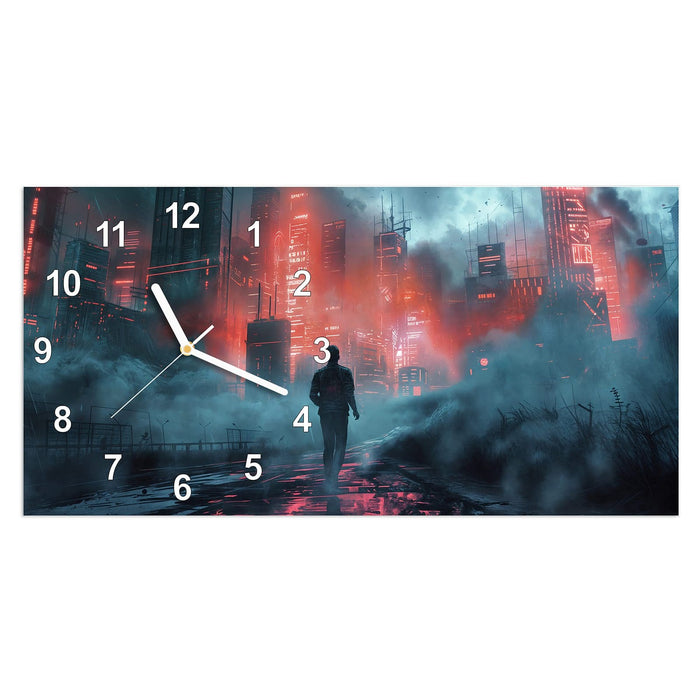 Wanduhr Neonstadt aus Glas – Querformat 60 × 30 cm mit Ziffernblatt Modern