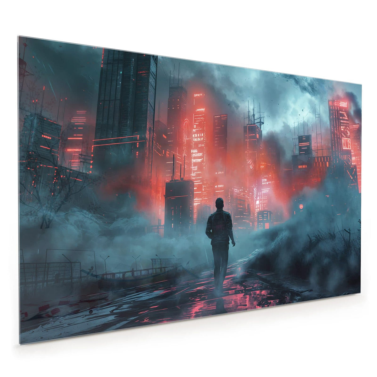 Küchenrückwand aus Glas im Hochformat: Ein Mann von hinten läuft auf eine neblige Stadt zu, deren Hochhäuser rot und weiß leuchten
