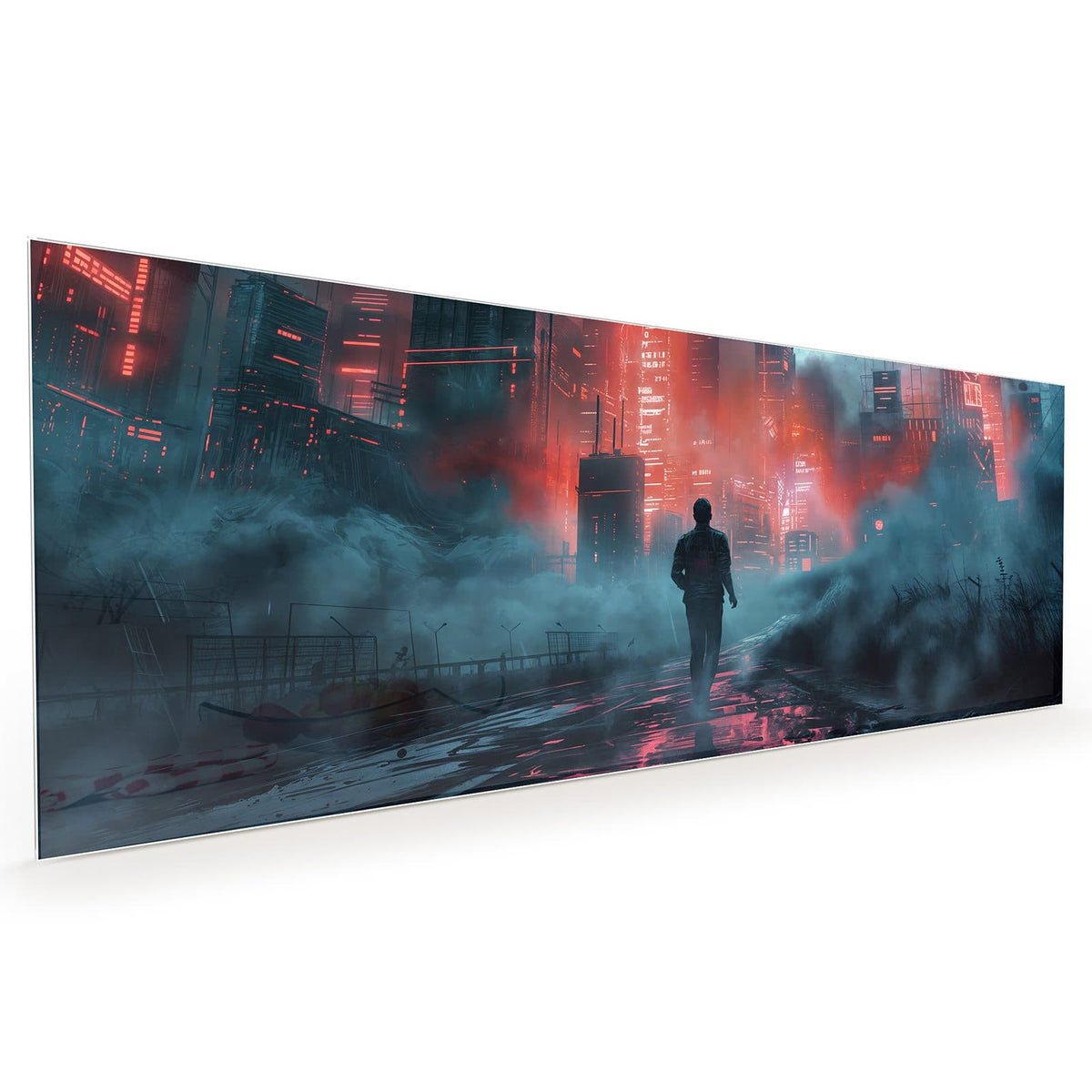 Küchenrückwand aus Glas im Hochformat: Ein Mann von hinten läuft auf eine neblige Stadt zu, deren Hochhäuser rot und weiß leuchten