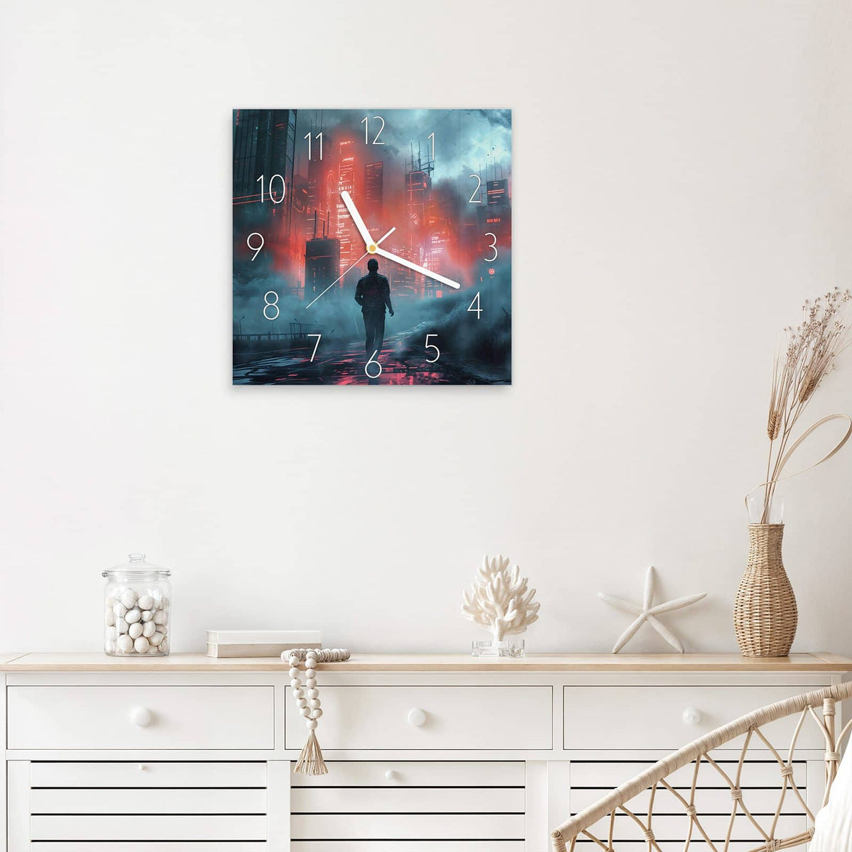 Wanduhr Stadt im roten Neonlicht aus Glas – Quadratisch 30 × 30 cm – Wolkenkratzer im roten Neonlicht