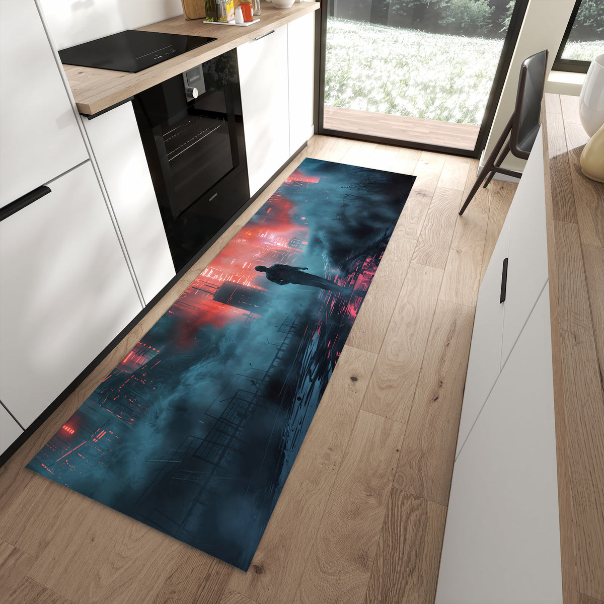 Flacher Bodenläufer mit Motiv Neonstadt in moderner Küche