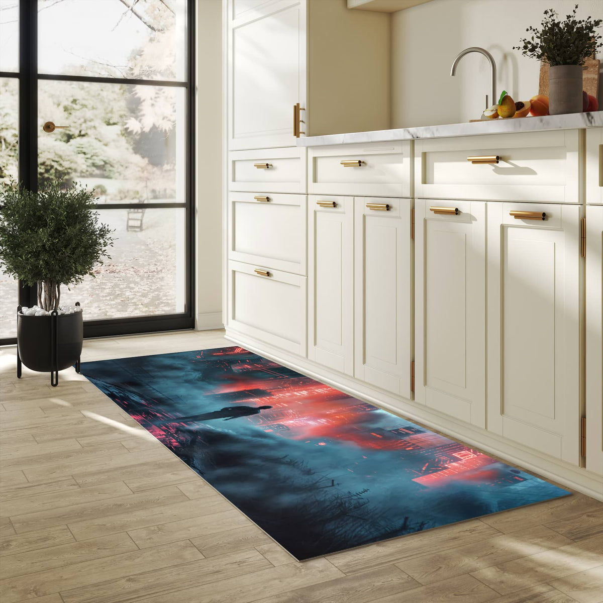 Feuchtigkeitsresistenter Teppich für Küche mit Motiv Neonstadt in heller Küche