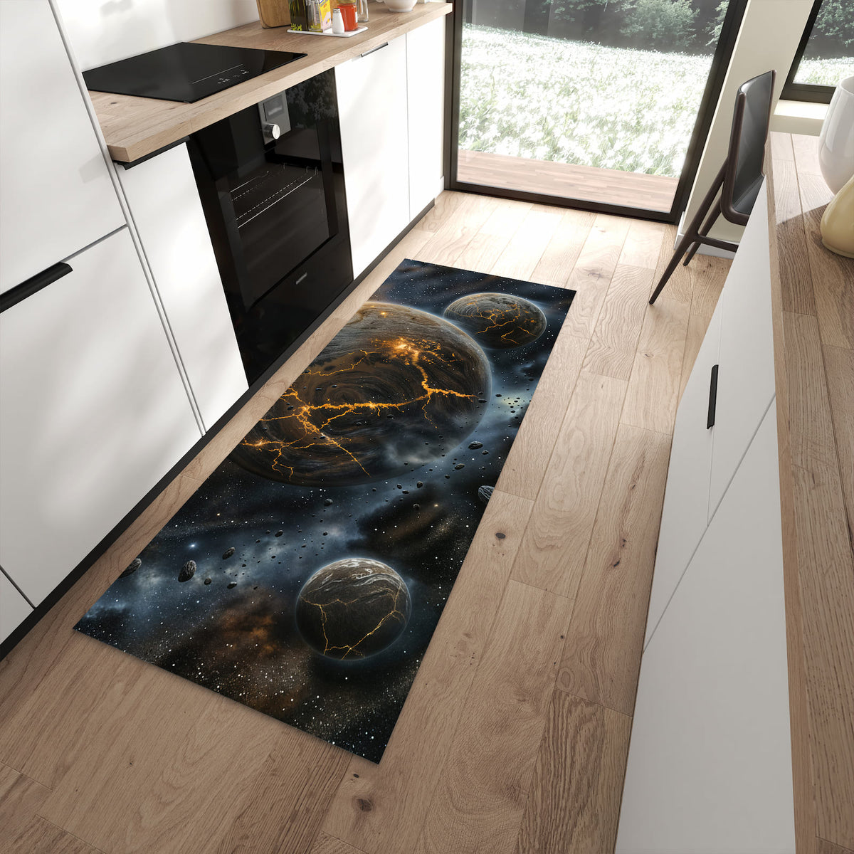 Bodenschonender Küchenläufer mit Motiv Drei Welten in moderner Küche