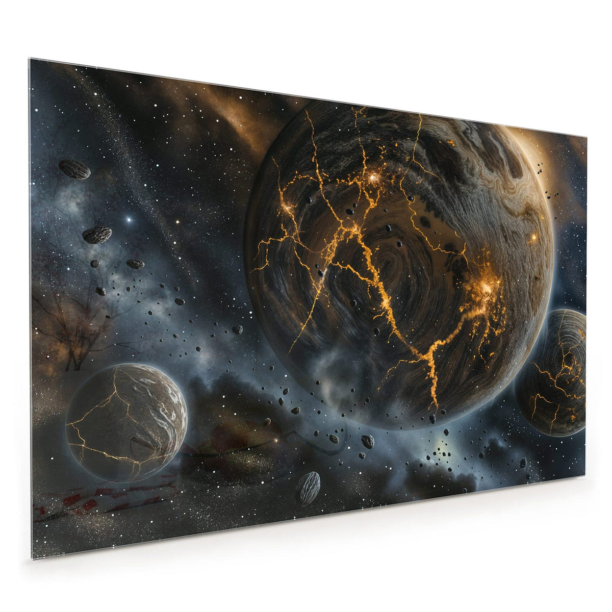Küchenrückwand aus Glas im Hochformat: Zwei Planeten mit glühend orangen Lavarissen, davor treibende Asteroiden